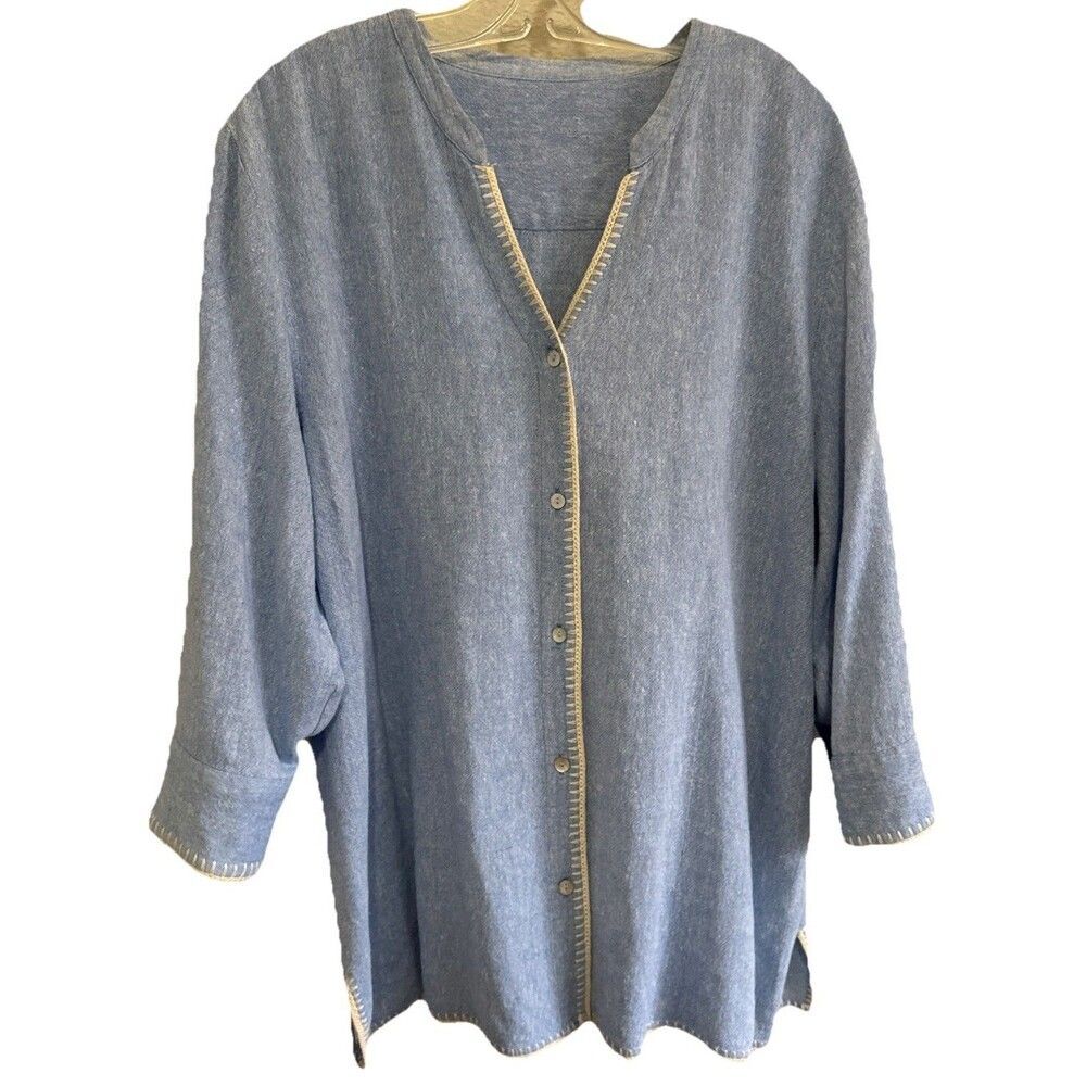 Vintage Orvis Womens XL Light Blue Chambray Shirt Embroidered Nácar Button Up
